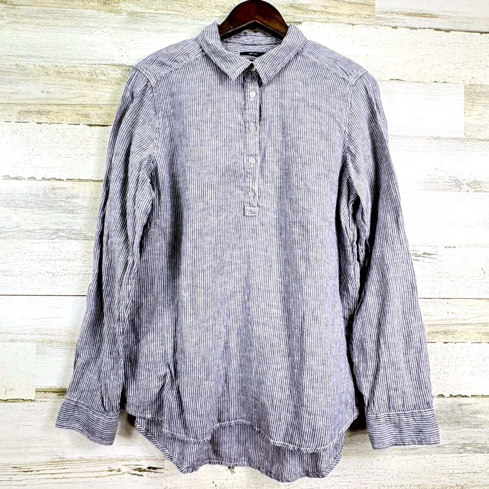 JONES NEW YORK Womens Blue Linen Striped Pullover Shirt Long Sleeve Tunic Size L